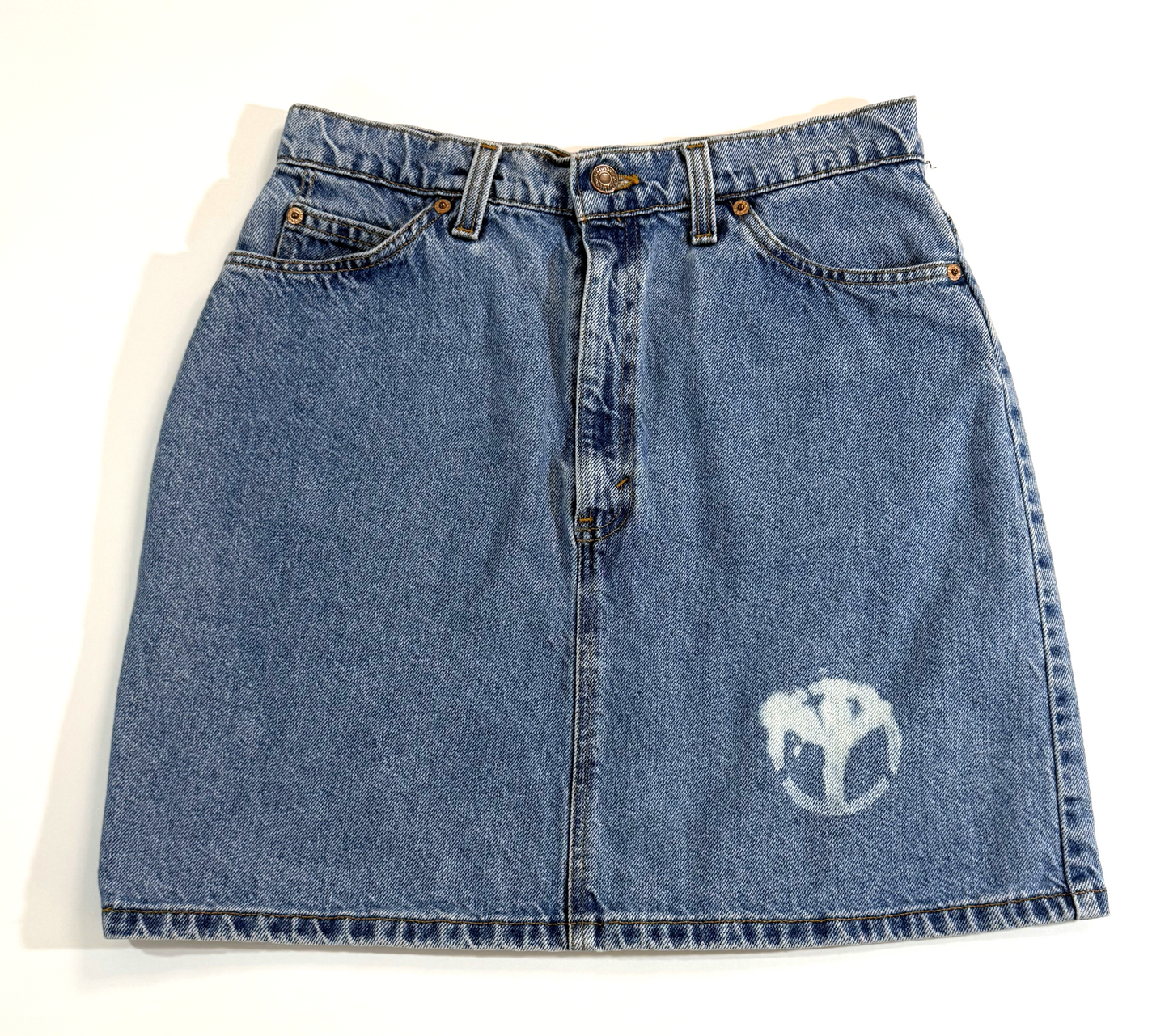 Vintage 1990s Orange Tab Levi 951 Relaxed Fit Denim Mini Skirt with Bleached Hearts & Peace Sign Detail - Medium