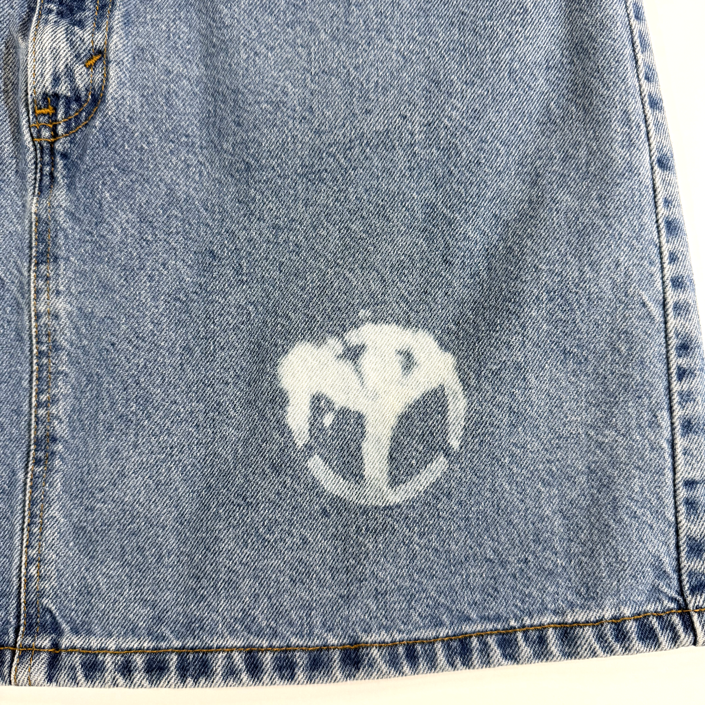 Vintage 1990s Orange Tab Levi 951 Relaxed Fit Denim Mini Skirt with Bleached Hearts & Peace Sign Detail - Medium