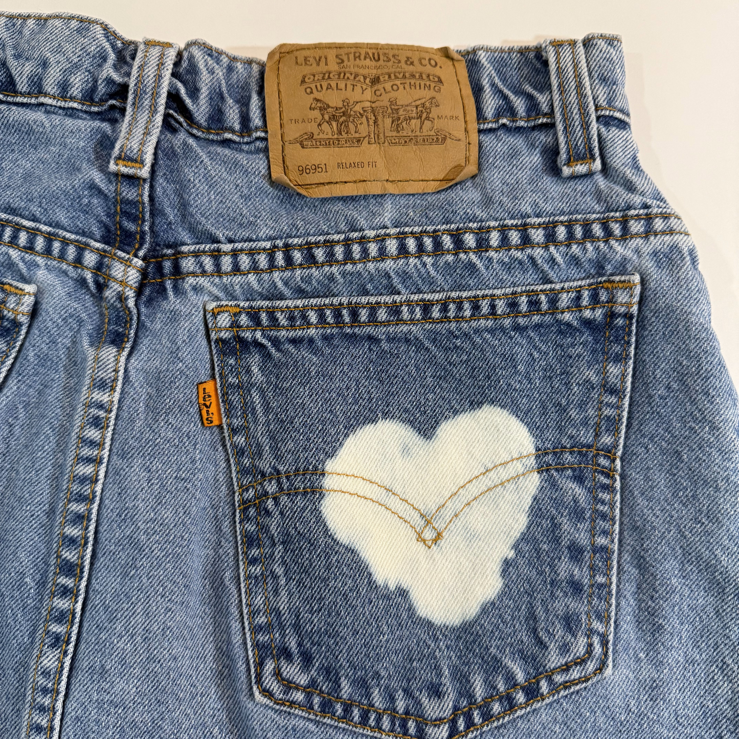 Vintage 1990s Orange Tab Levi 951 Relaxed Fit Denim Mini Skirt with Bleached Hearts & Peace Sign Detail - Medium