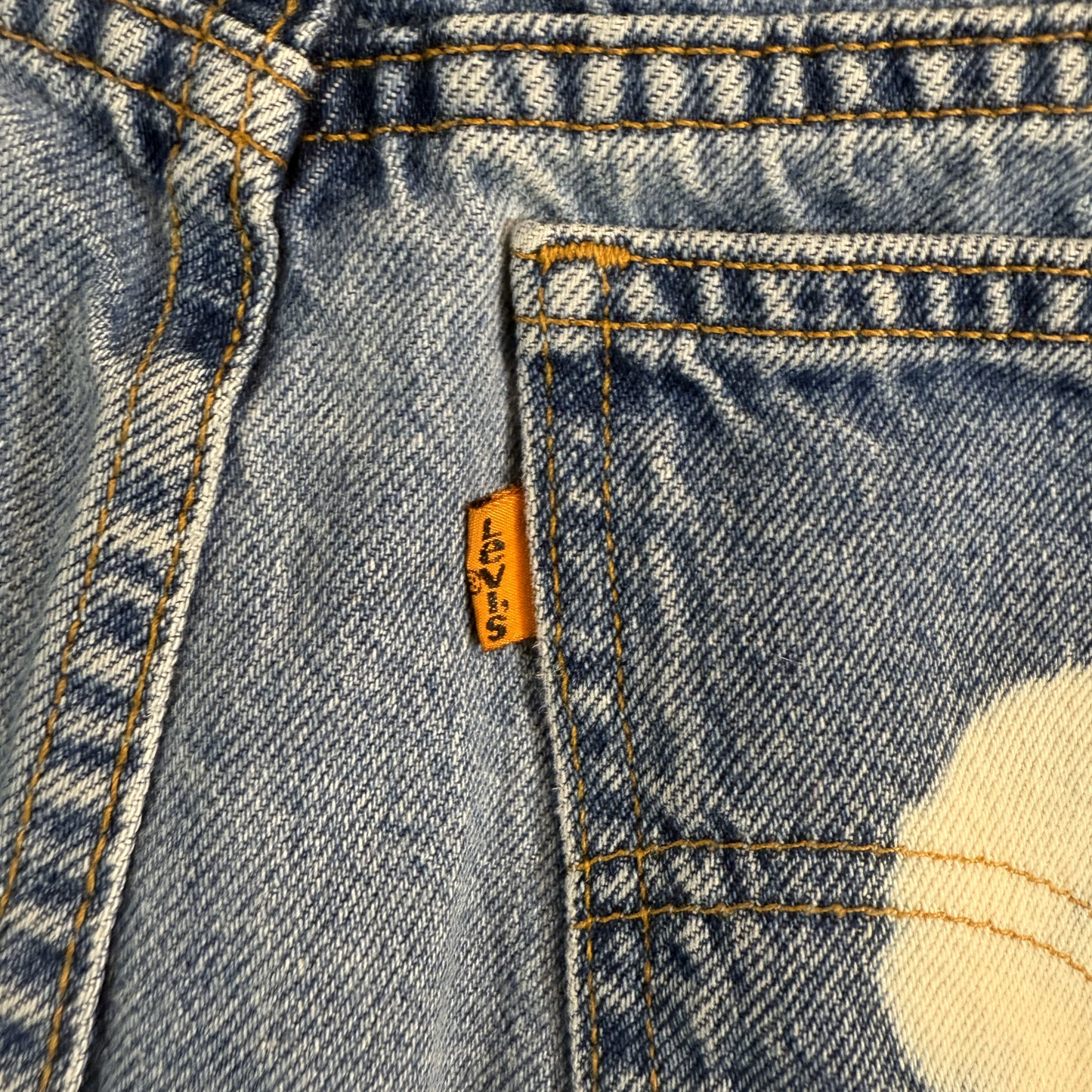 Vintage 1990s Orange Tab Levi 951 Relaxed Fit Denim Mini Skirt with Bleached Hearts & Peace Sign Detail - Medium