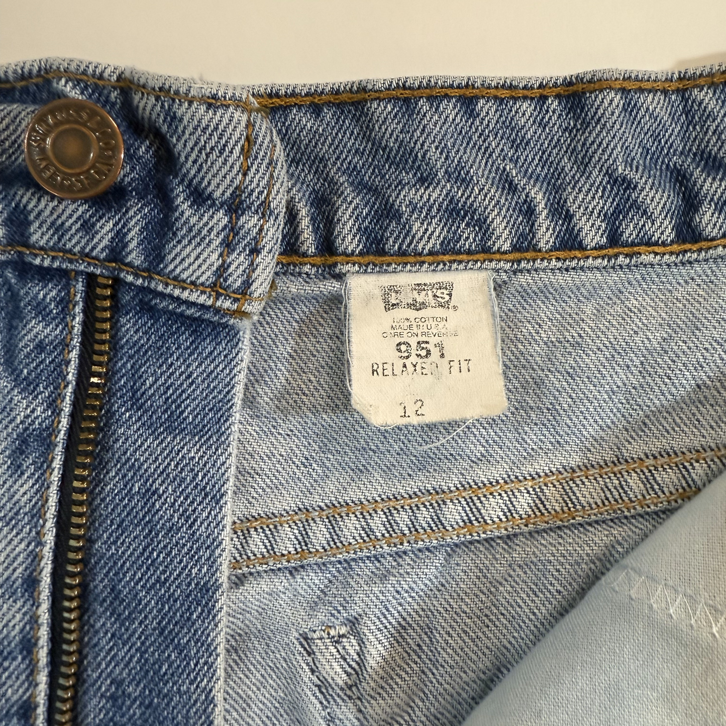 Vintage 1990s Orange Tab Levi 951 Relaxed Fit Denim Mini Skirt with Bleached Hearts & Peace Sign Detail - Medium