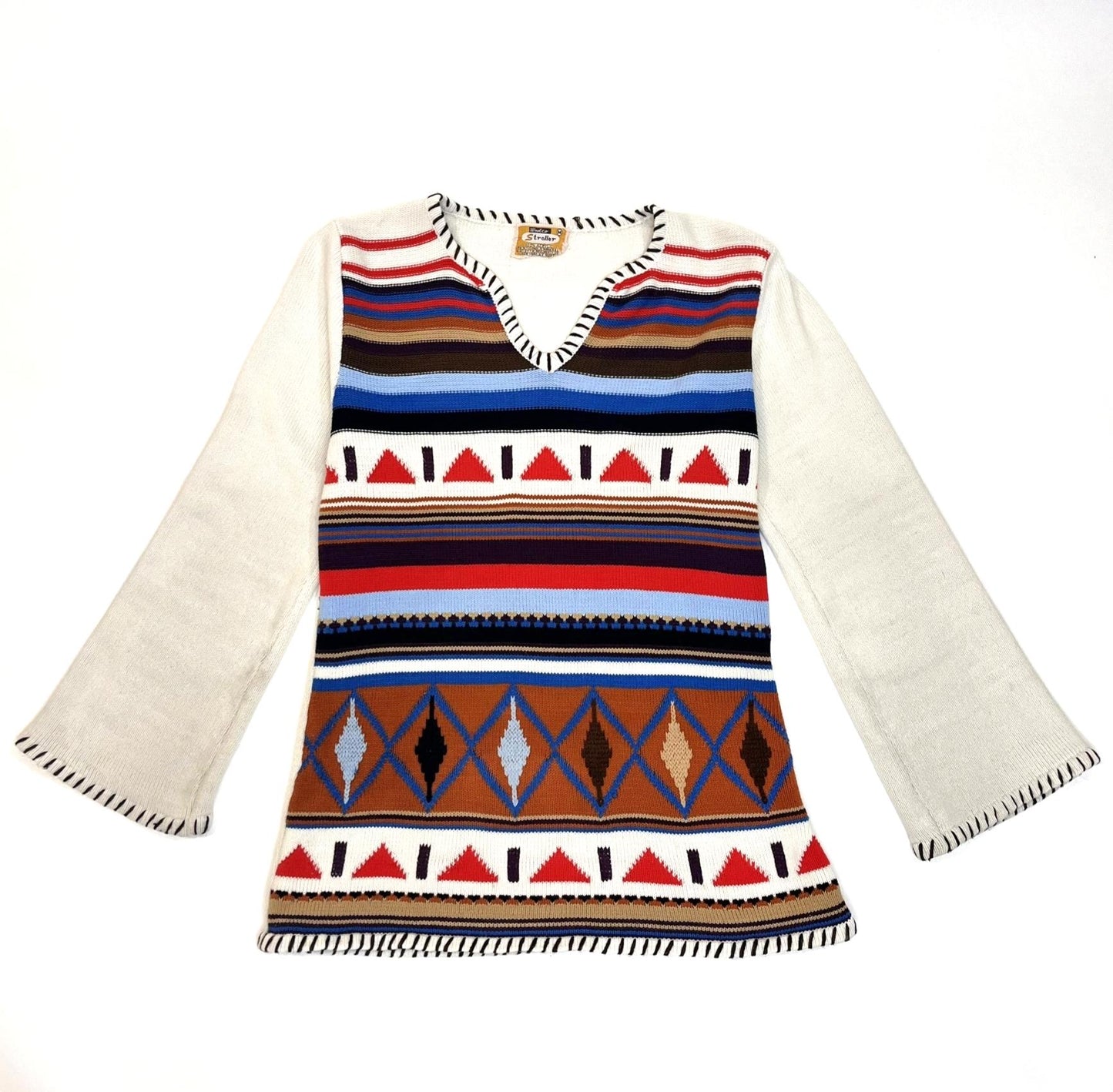 Vintage 1970s Woolco Stroller V-Neck Striped Sweater - Small