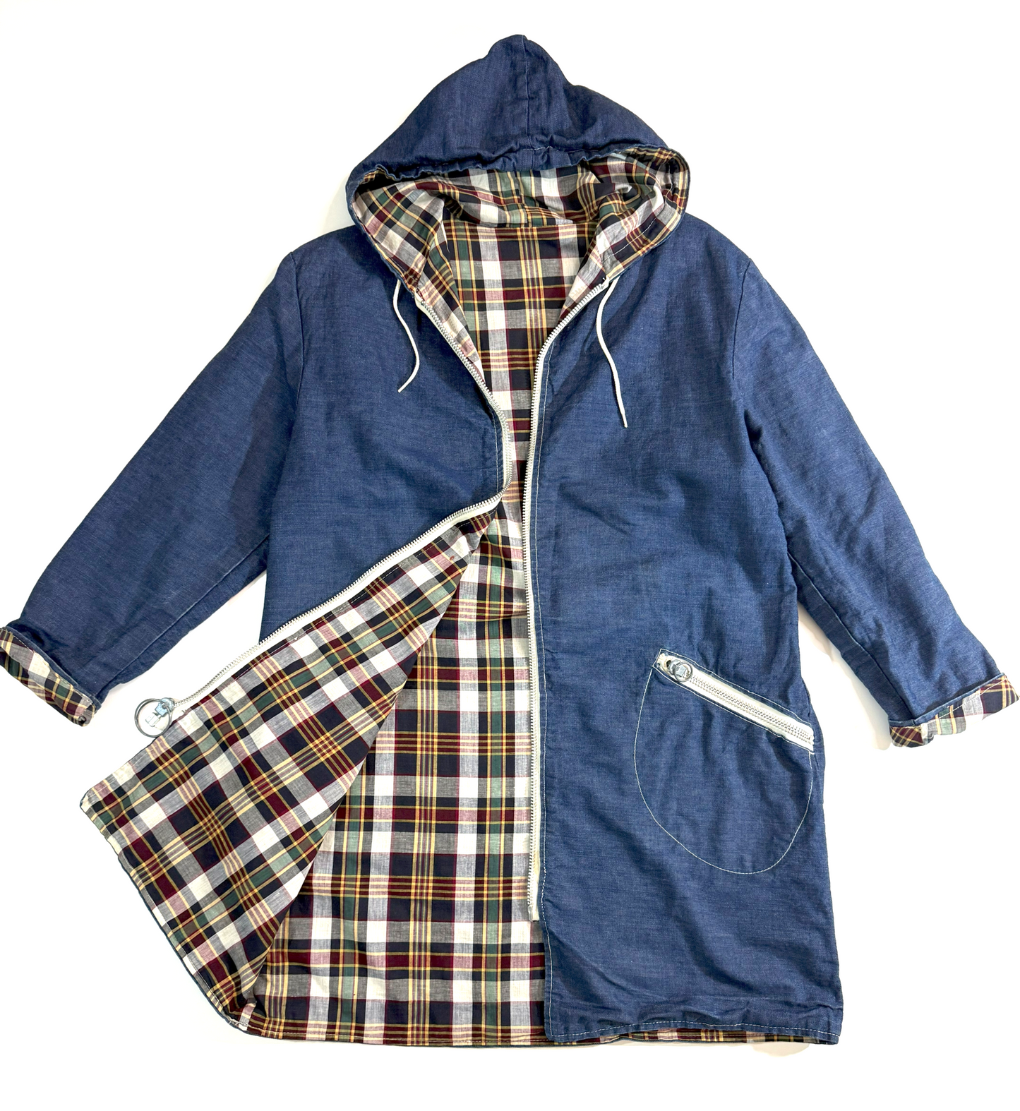 Vintage ~1970s Reversible Denim and Plaid Zip up Hooded Jacket - Large