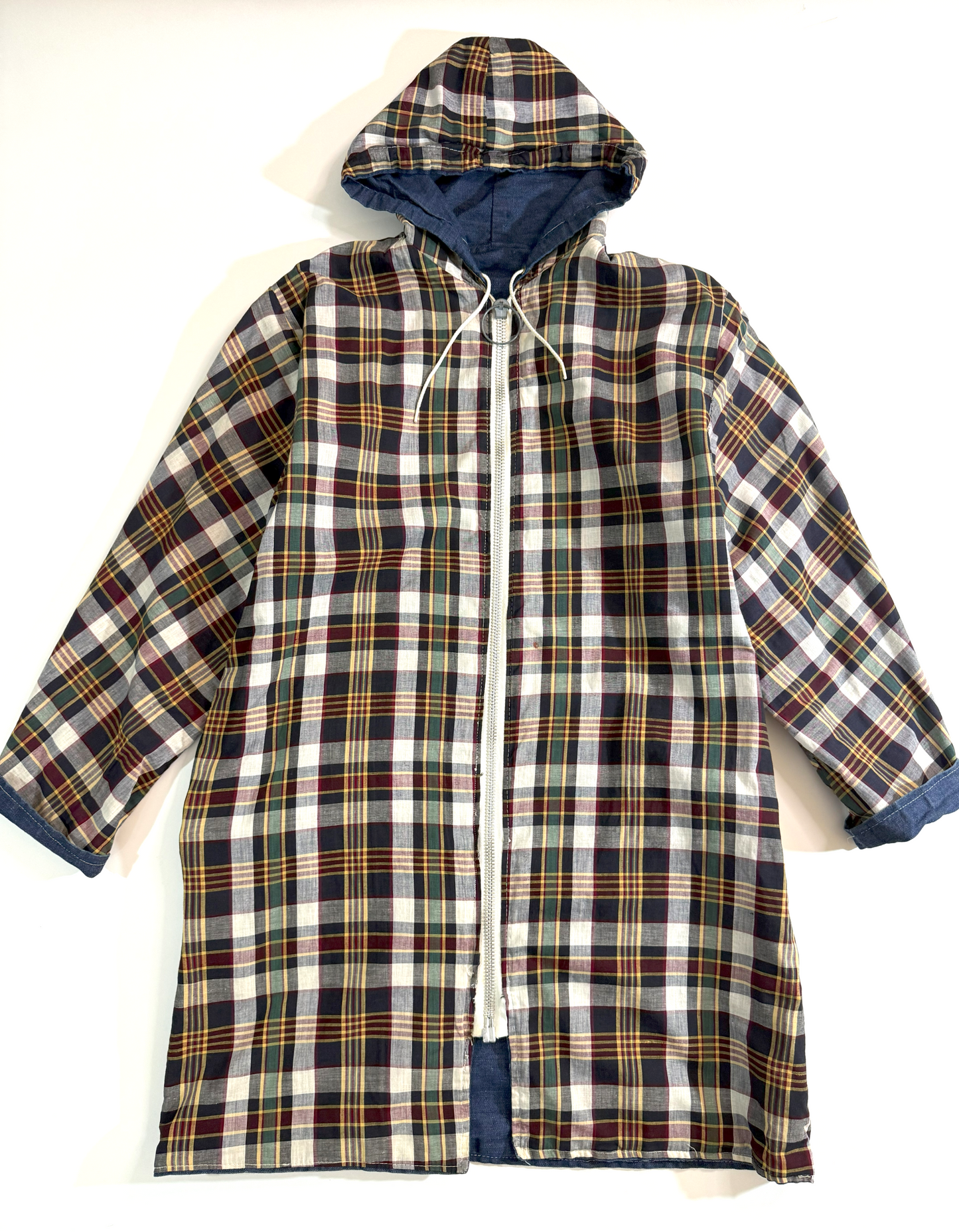Vintage ~1970s Reversible Denim and Plaid Zip up Hooded Jacket - Large