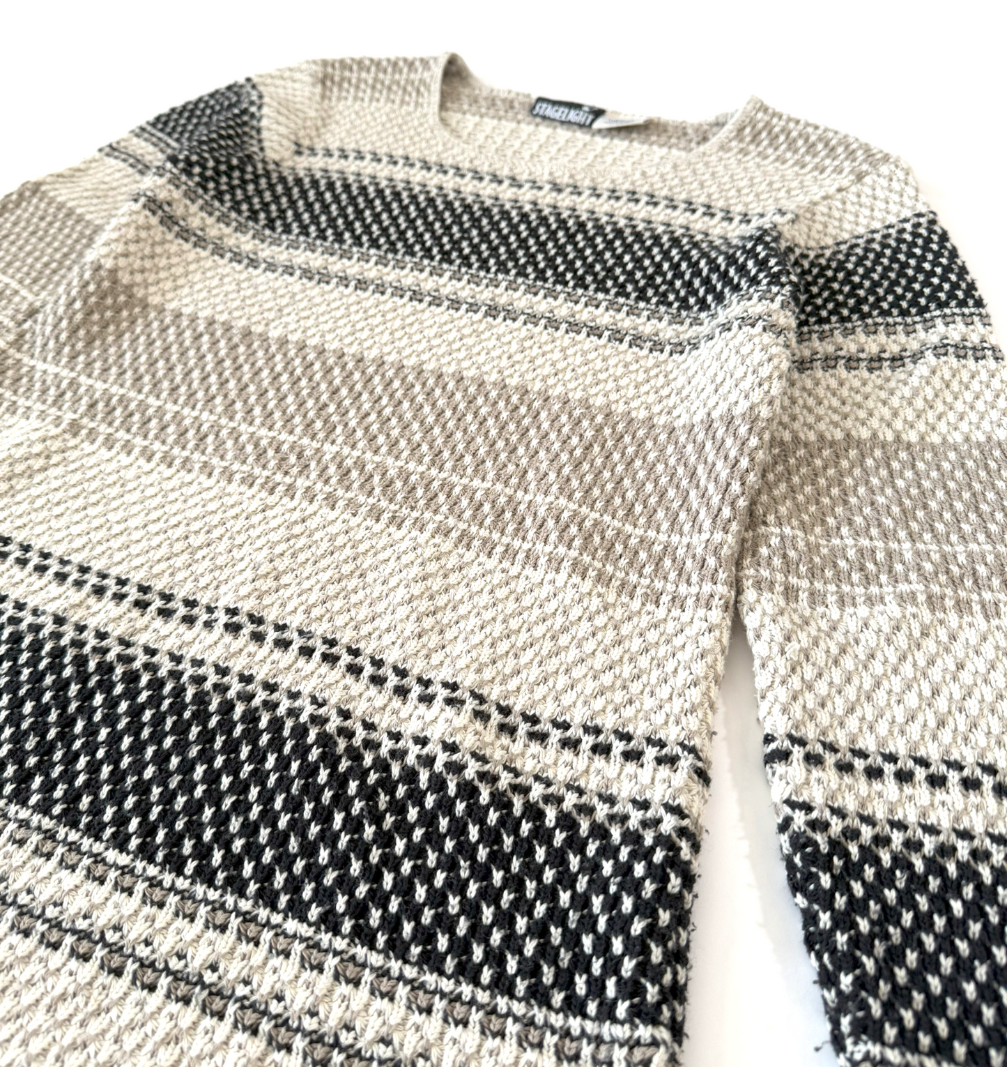 Vintage ~1990s Black, Cream, and Tan Neutral Striped Sweater by Stagelight - Small