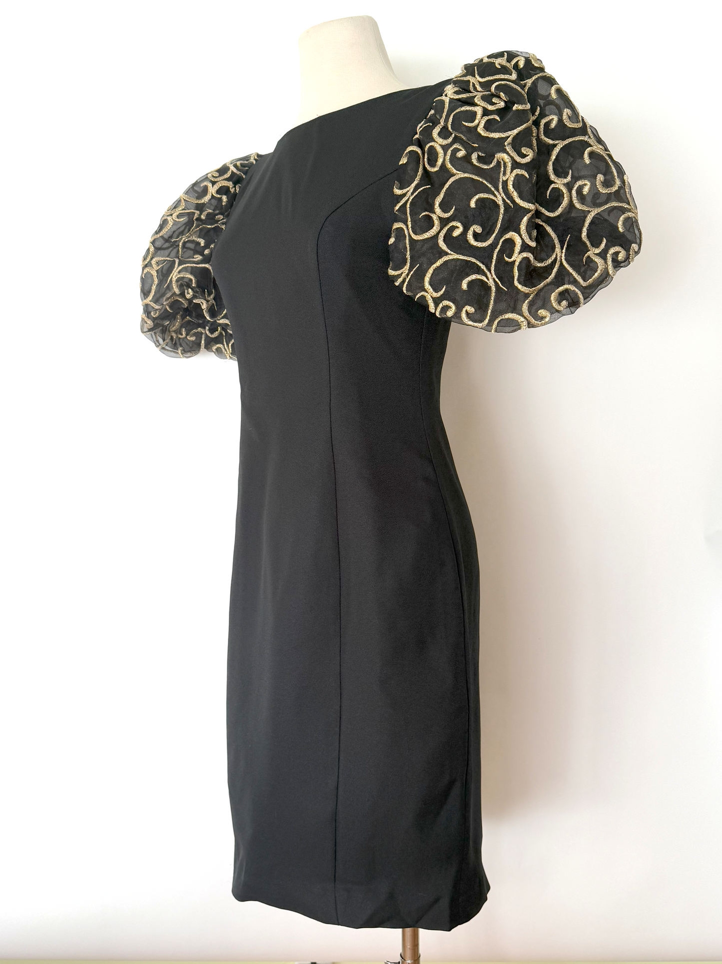 Vintage 1990s/Y2K Black and Gold Elaborate Puff Sleeve Dress by Jessica Howard - Small