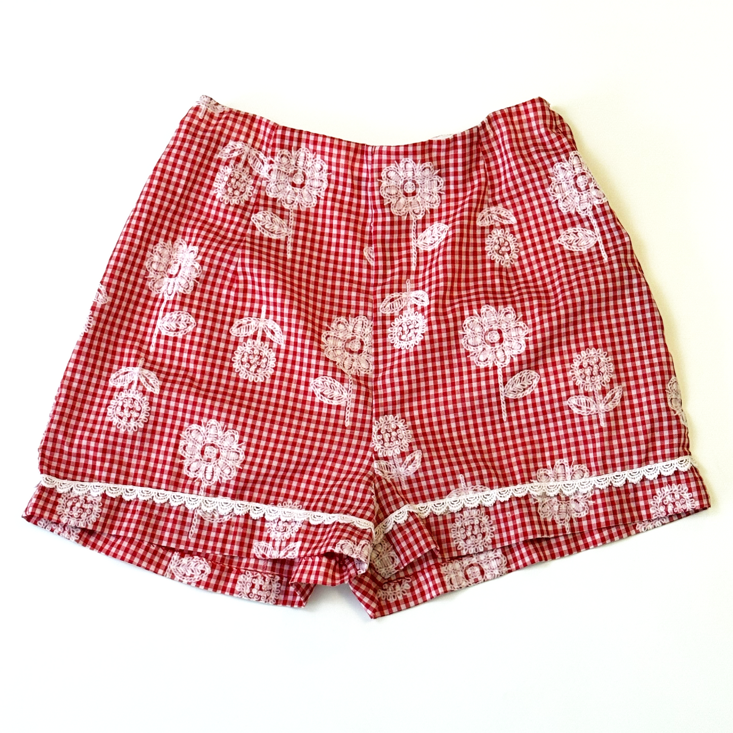 Vintage 1970's Red Gingham Short Shorts with White Flowers by Queens Way to Fashion - Small