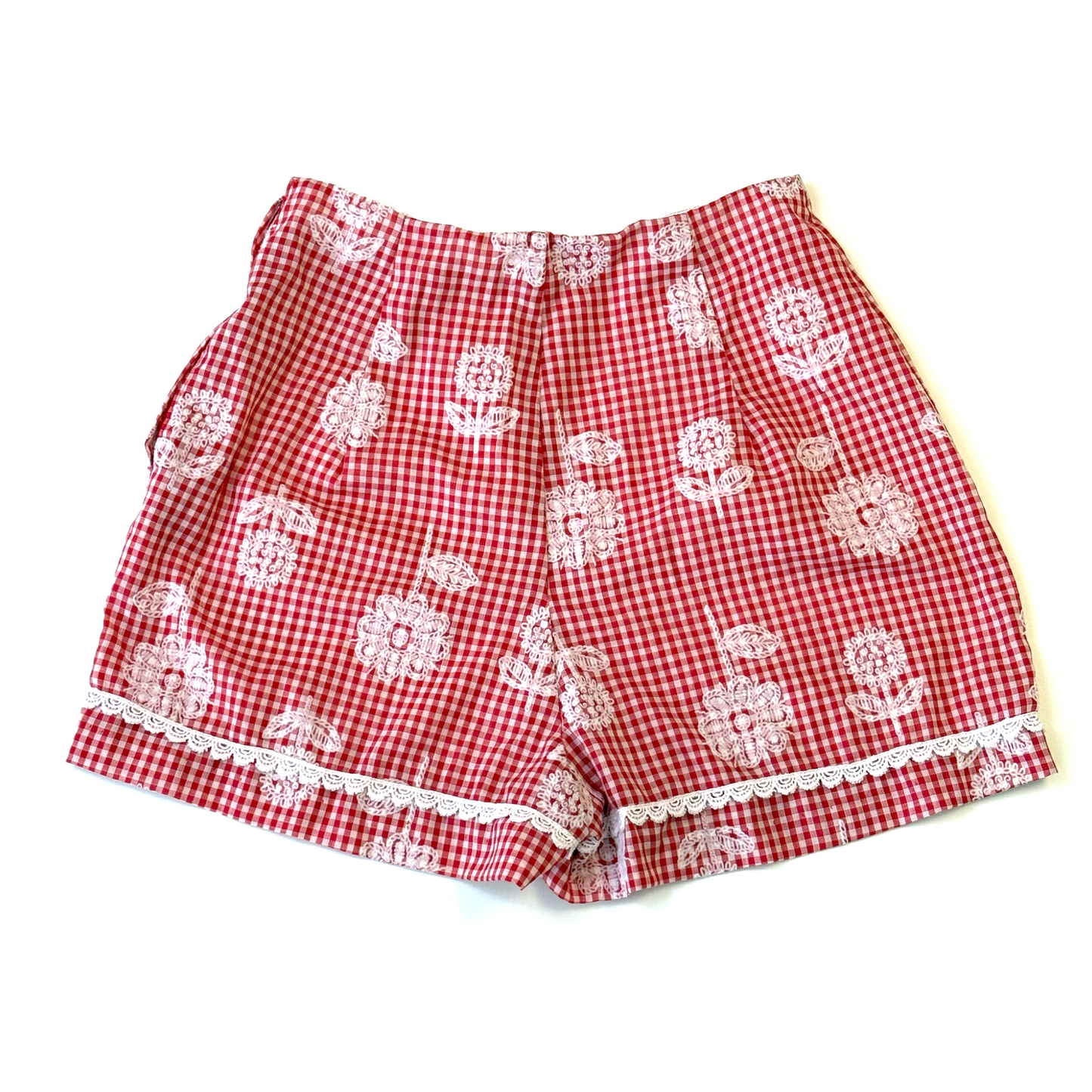 Vintage 1970's Red Gingham Short Shorts with White Flowers by Queens Way to Fashion - Small