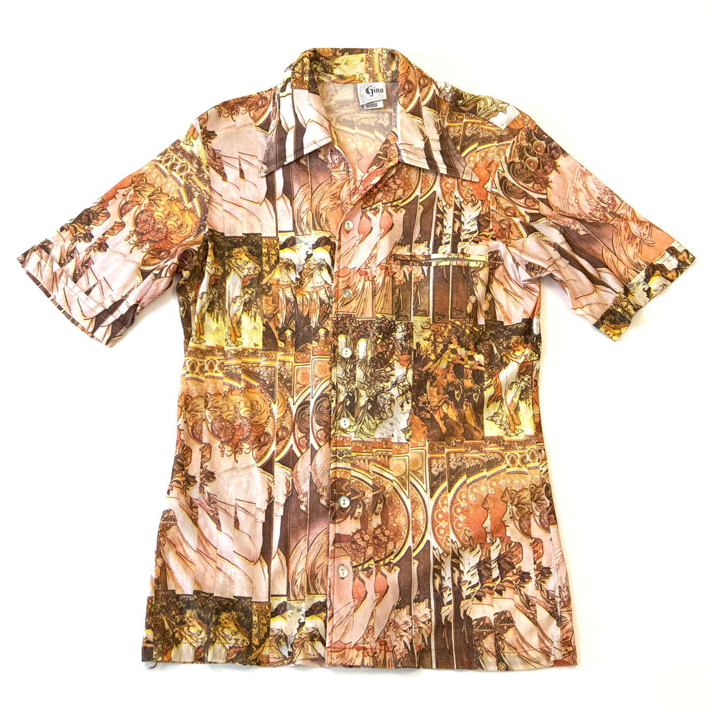 Vintage 1970s Psychedelic Art Nouveau Alphonse Mucha Print Short Sleeve Disco Shirt - Small/Medium