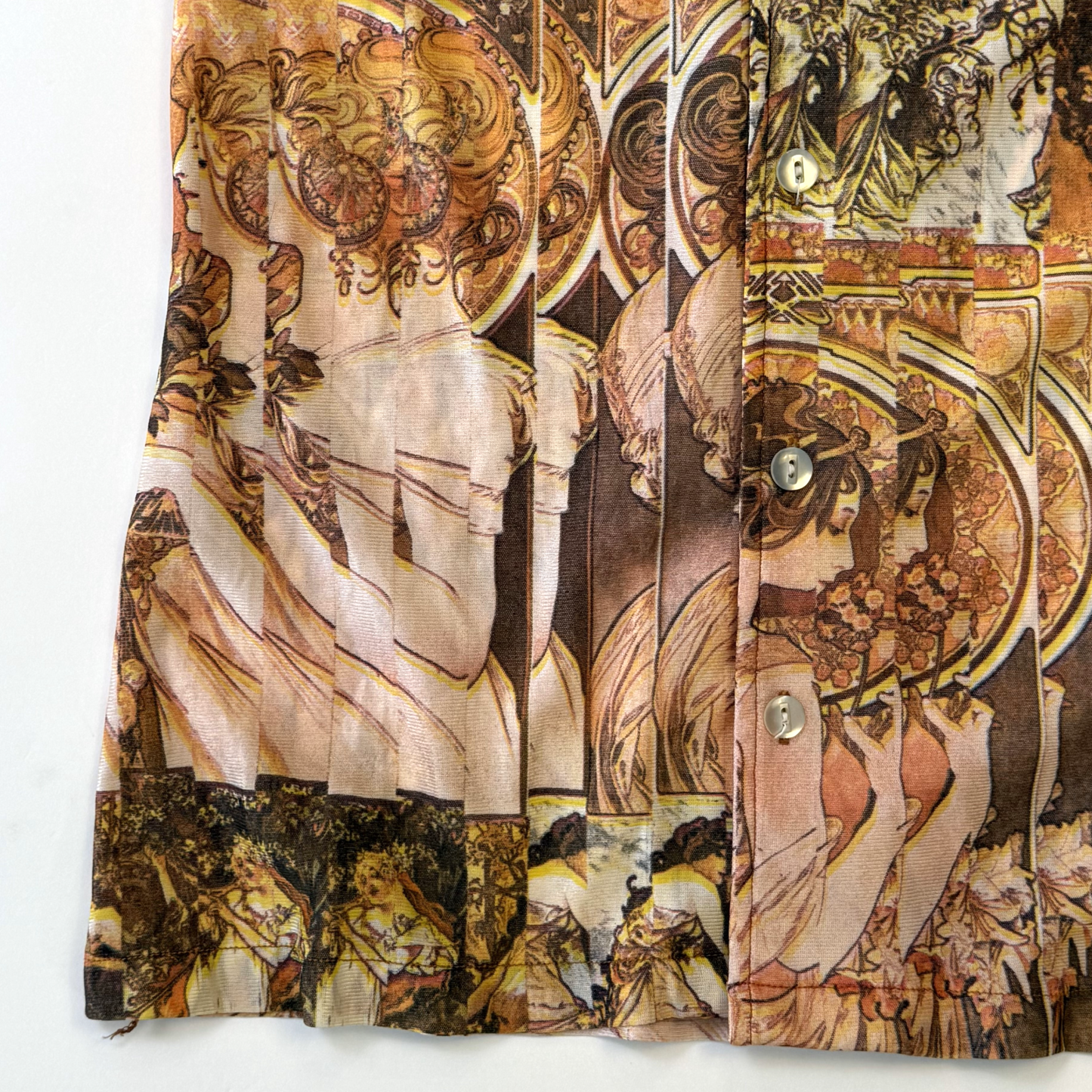 Vintage 1970s Psychedelic Art Nouveau Alphonse Mucha Print Short Sleeve Disco Shirt - Small/Medium