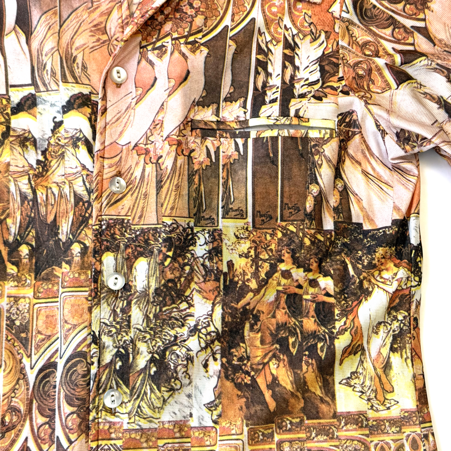 Vintage 1970s Psychedelic Art Nouveau Alphonse Mucha Print Short Sleeve Disco Shirt - Small/Medium