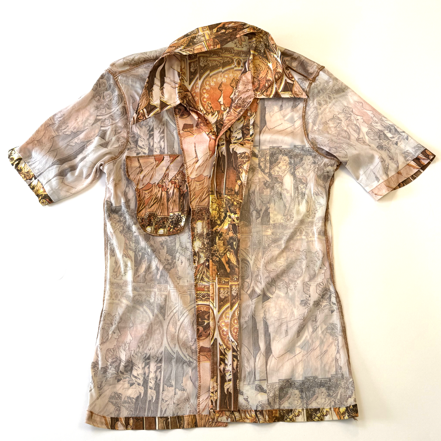 Vintage 1970s Psychedelic Art Nouveau Alphonse Mucha Print Short Sleeve Disco Shirt - Small/Medium