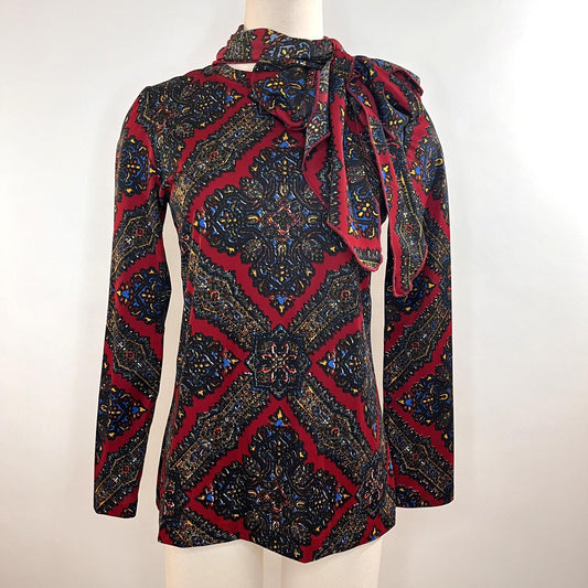 Vintage 1970s Red Tapestry Patterned Blouse with Bow Neck by Aileen - Small