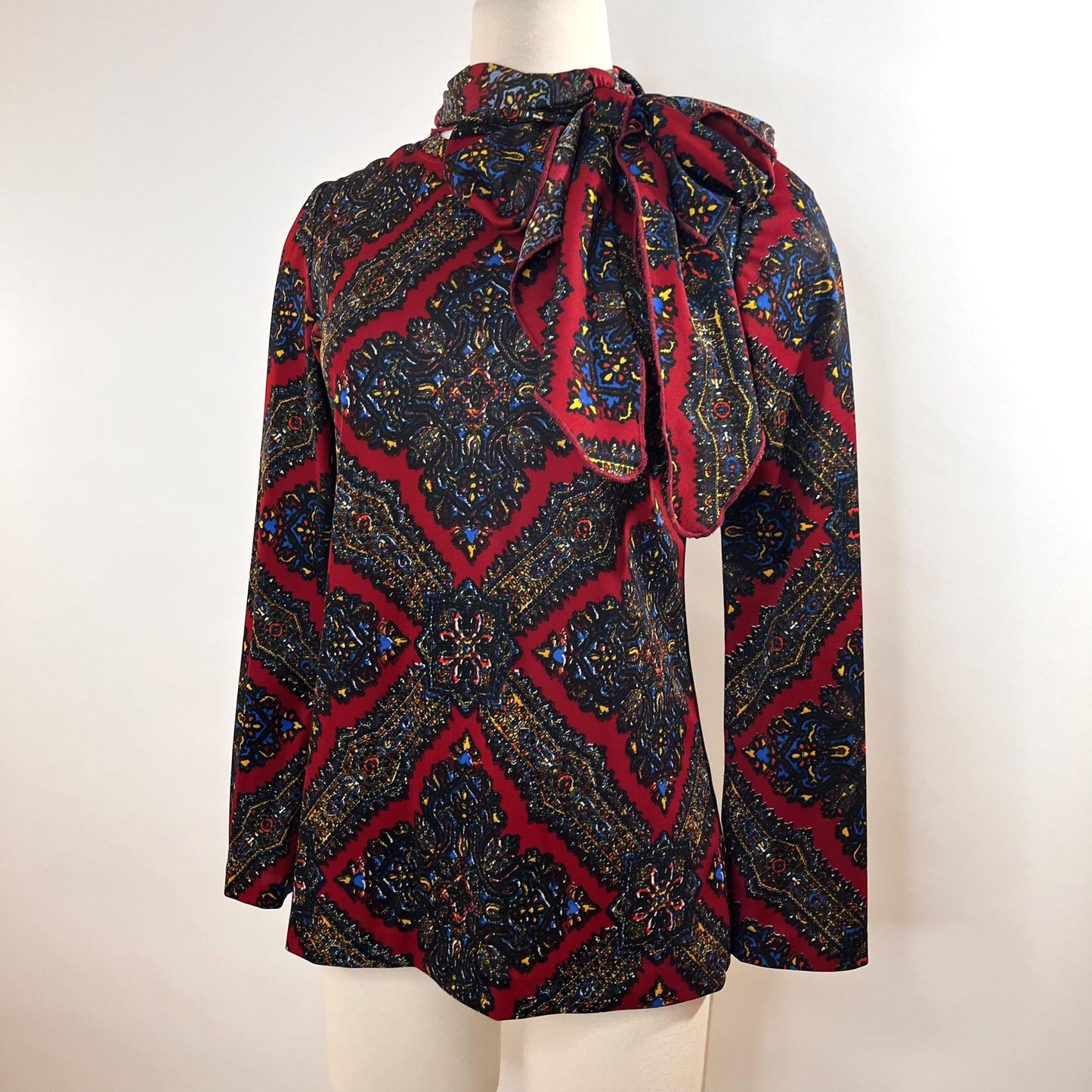 Vintage 1970s Red Tapestry Patterned Blouse with Bow Neck by Aileen - Small