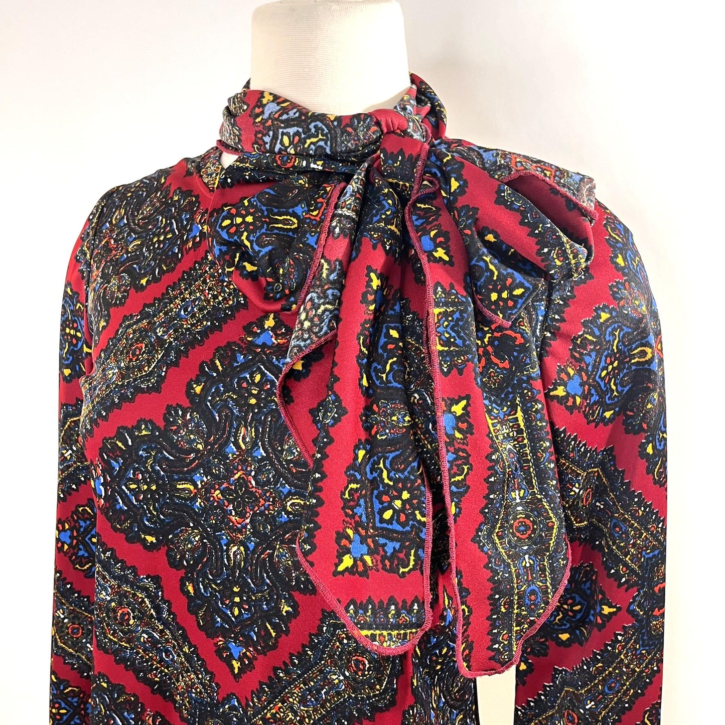 Vintage 1970s Red Tapestry Patterned Blouse with Bow Neck by Aileen - Small