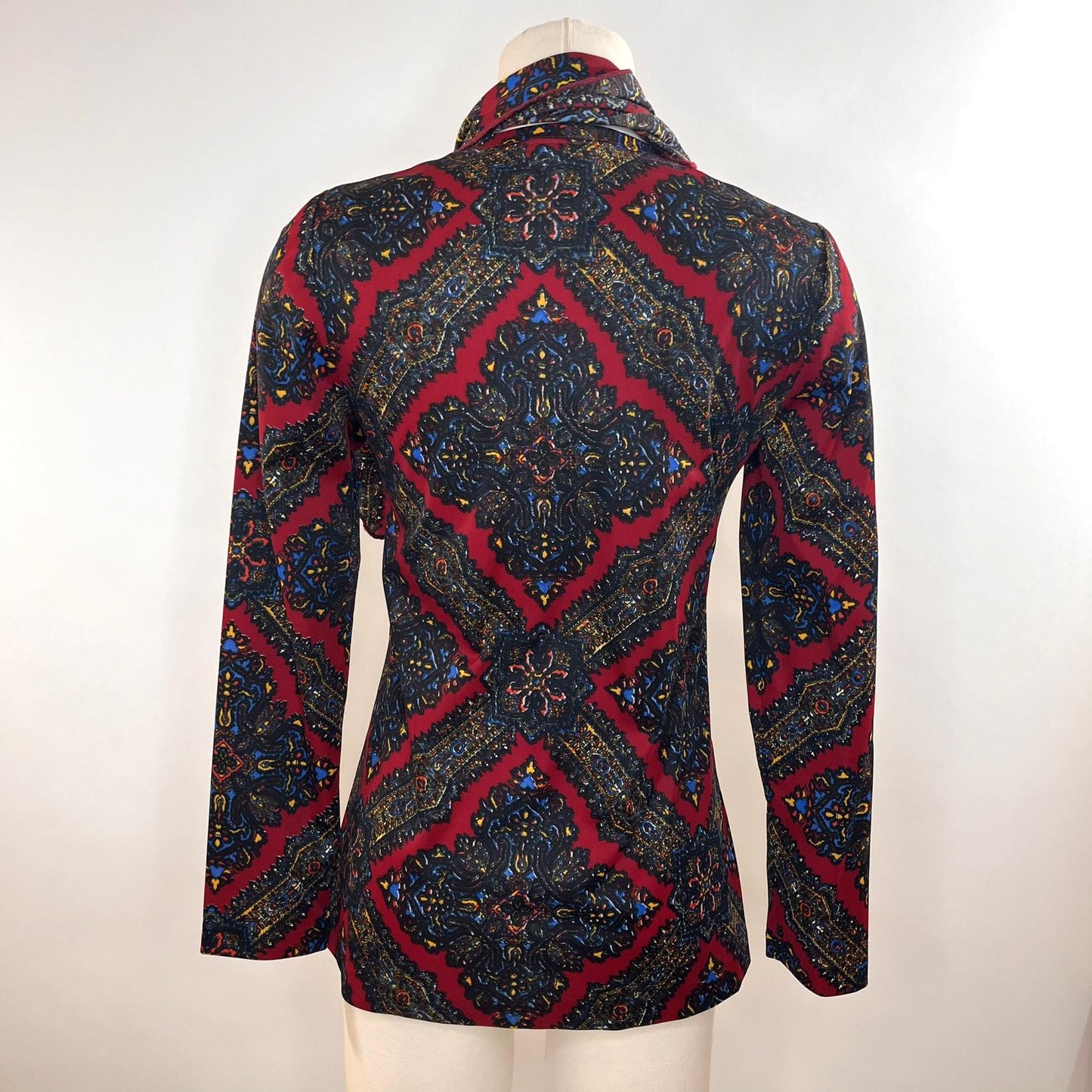 Vintage 1970s Red Tapestry Patterned Blouse with Bow Neck by Aileen - Small