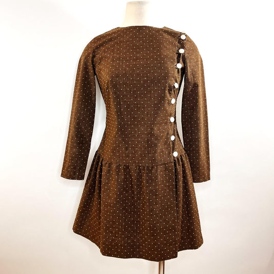 Vintage 1970's Brown Polka Dot E n' C Jr. Button Down Mini Dress - XS