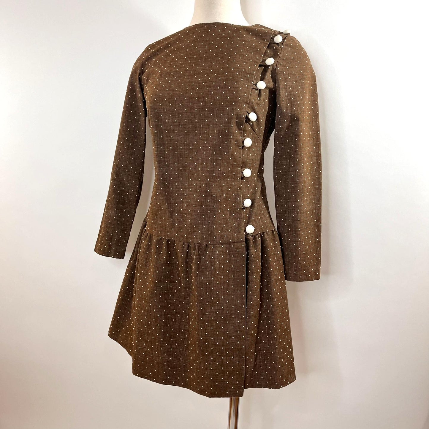 Vintage 1970's Brown Polka Dot E n' C Jr. Button Down Mini Dress - XS