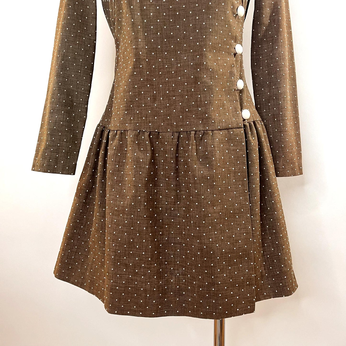 Vintage 1970's Brown Polka Dot E n' C Jr. Button Down Mini Dress - XS