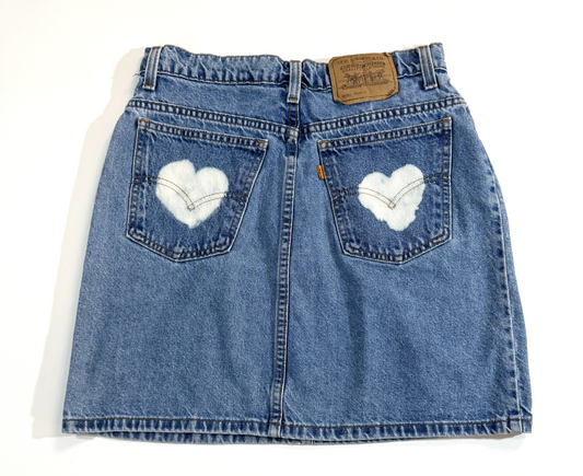 Vintage 1990s Orange Tab Levi 951 Relaxed Fit Denim Mini Skirt with Bleached Hearts & Peace Sign Detail - Medium