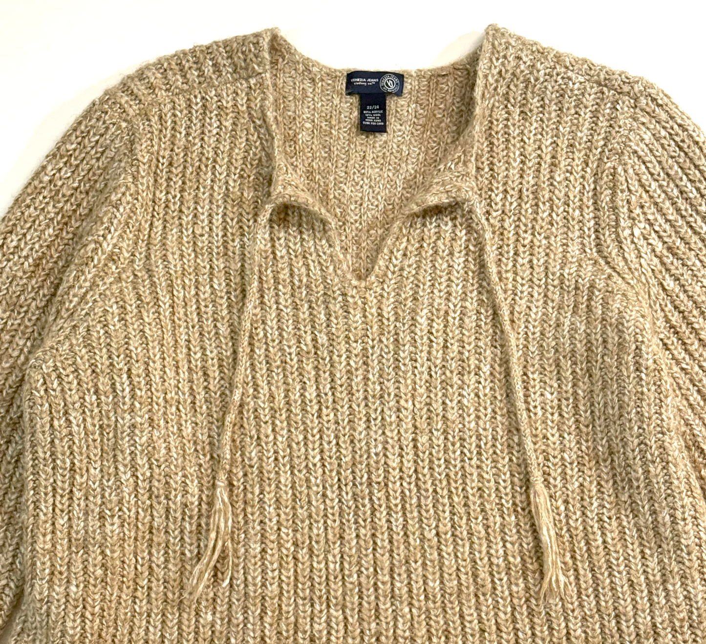 Vintage 1990s Oatmeal Beige Venezia Boho Sweater with Fringe - 3X