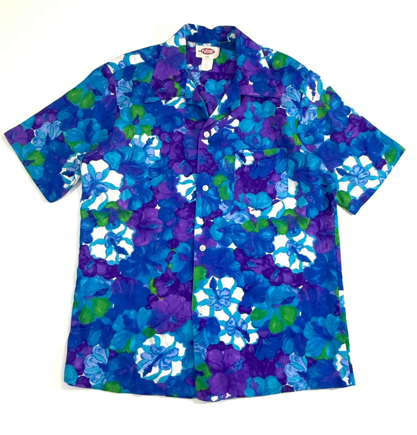 Vintage 1960's Pomare Hawaiian Blue and Purple Button Down Hawaiian Shirt - Large