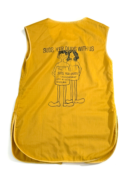 Vintage ~1970s Yellow Suds Yer Duds Laundromat Smock Vest - Small