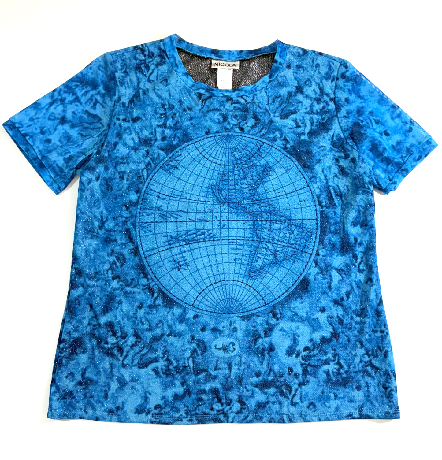 Vintage 1990s Metallic Glitter Blue Globe Short Sleeve Baby Tee by Nicola - Large