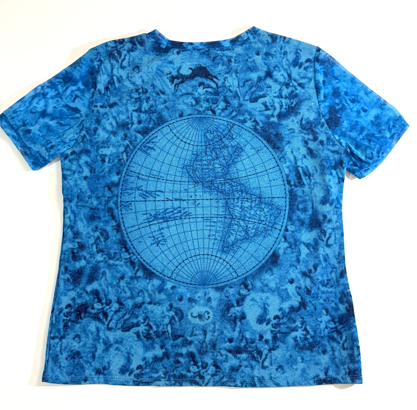 Vintage 1990s Metallic Glitter Blue Globe Short Sleeve Baby Tee by Nicola - Large