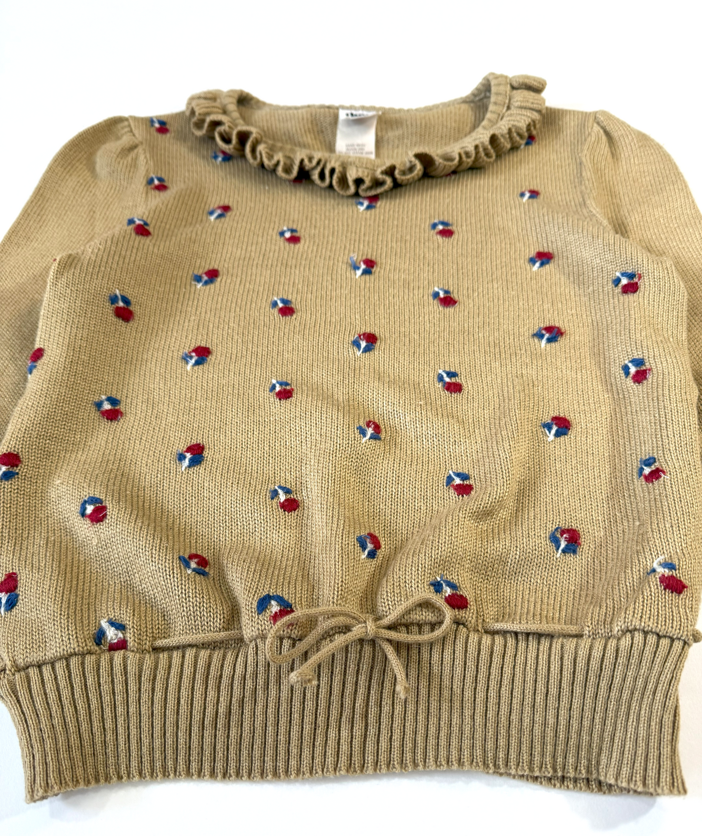 Vintage 1970s Tan Sweater with Tiny Embroidered Flowers and a Ruffle Collar by The Red I - Medium