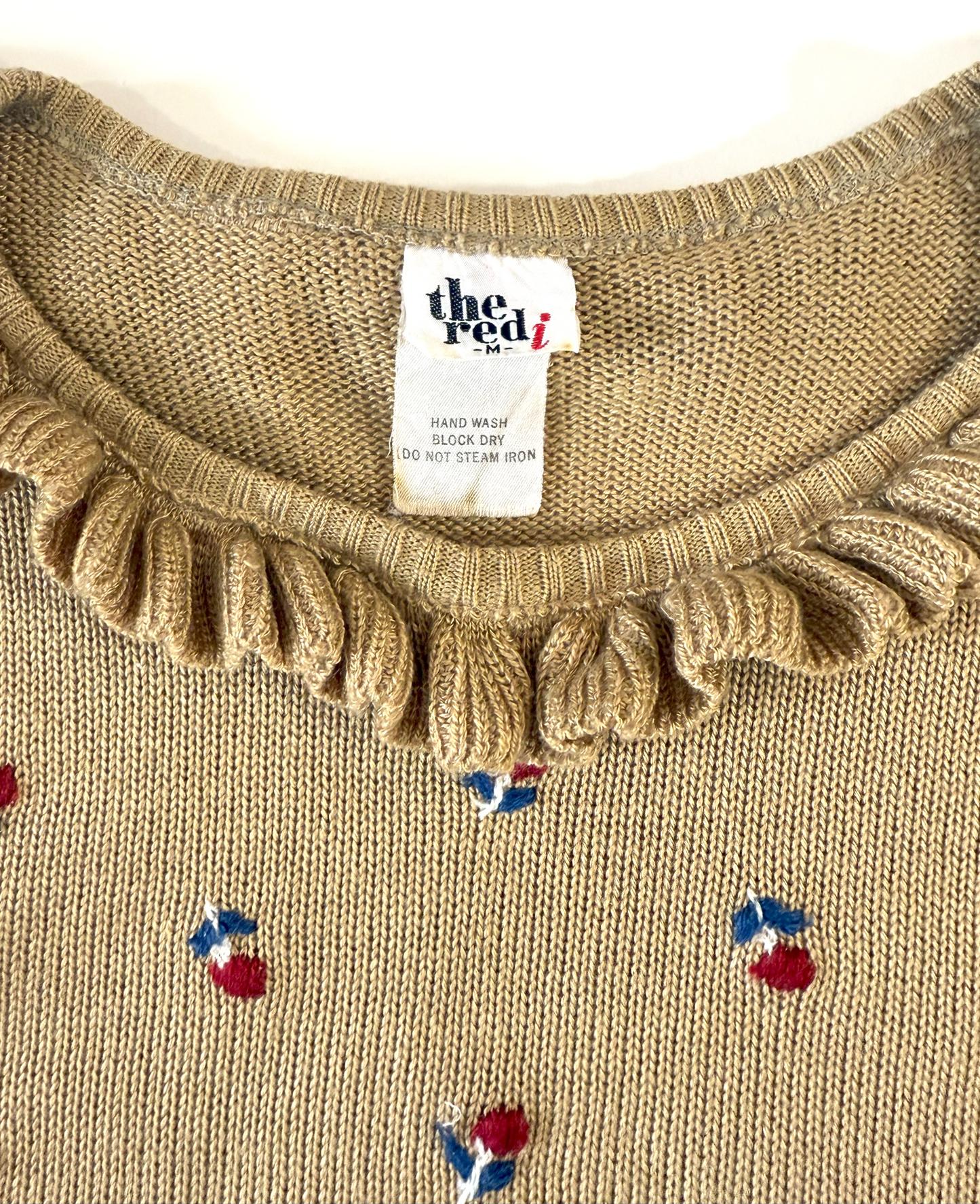 Vintage 1970s Tan Sweater with Tiny Embroidered Flowers and a Ruffle Collar by The Red I - Medium