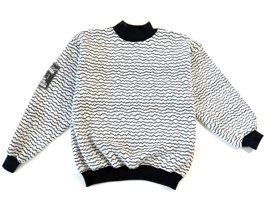 Vintage 1980s Mock Turtleneck Black and White Striped Sweatshirt by Koman Sportswear - Medium