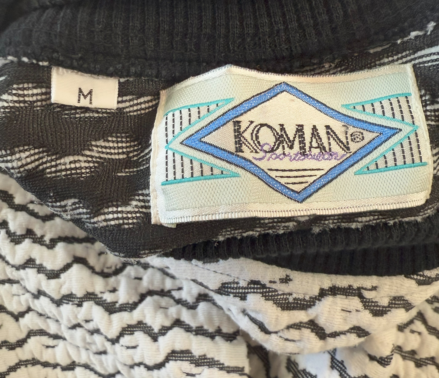 Vintage 1980s Mock Turtleneck Black and White Striped Sweatshirt by Koman Sportswear - Medium