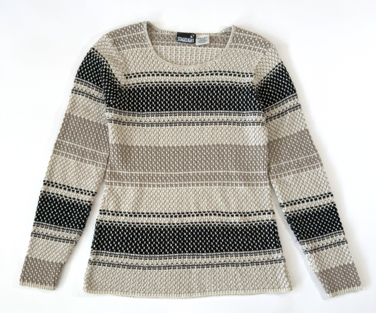 Vintage ~1990s Black, Cream, and Tan Neutral Striped Sweater by Stagelight - Small