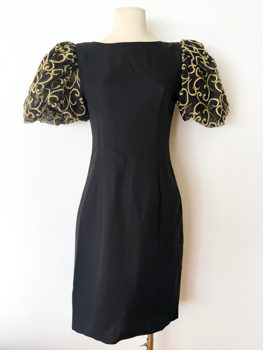 Vintage 1990s/Y2K Black and Gold Elaborate Puff Sleeve Dress by Jessica Howard - Small