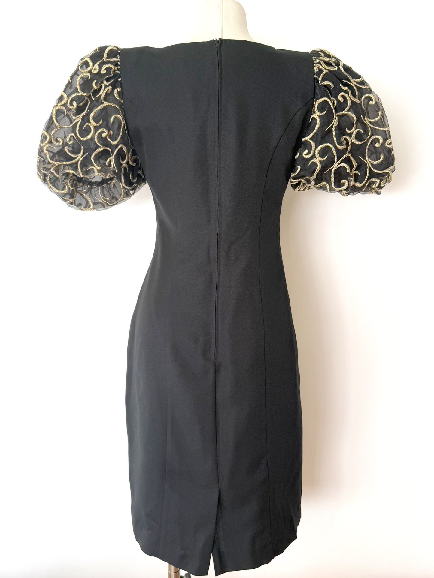 Vintage 1990s/Y2K Black and Gold Elaborate Puff Sleeve Dress by Jessica Howard - Small