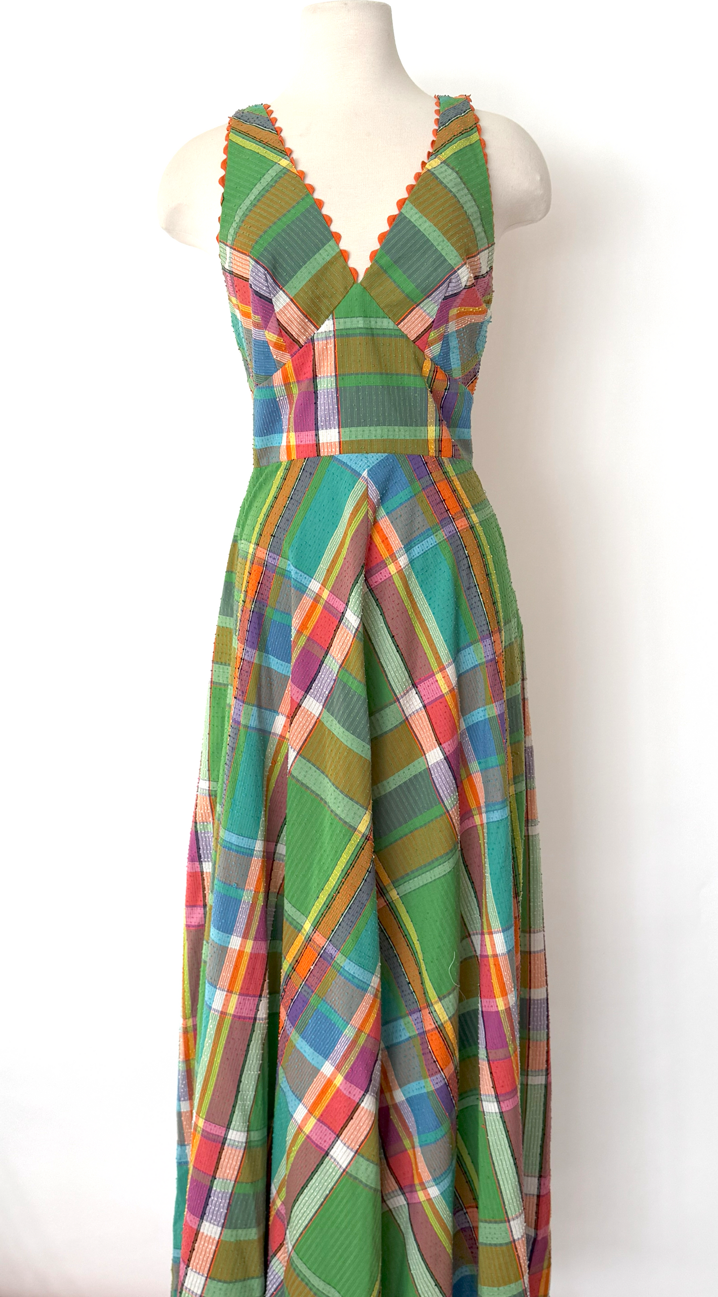 Vintage 1970s Green Plaid Maxi Dress by Denise L Hermosa Beach - XS