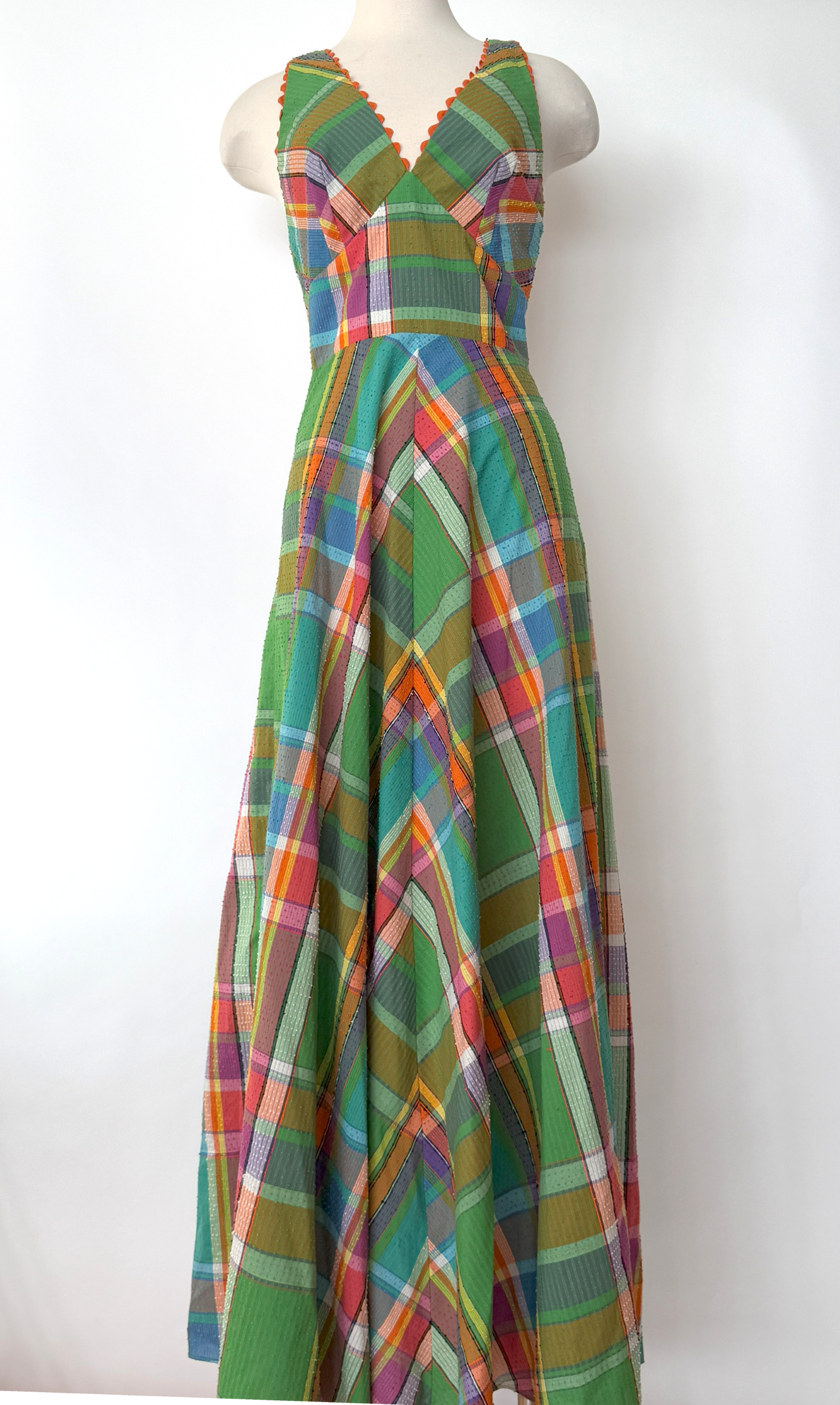 Vintage 1970s Green Plaid Maxi Dress by Denise L Hermosa Beach - XS