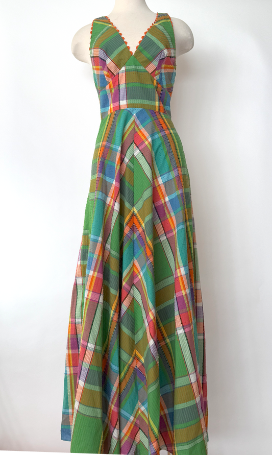 Vintage 1970s Green Plaid Maxi Dress by Denise L Hermosa Beach - XS