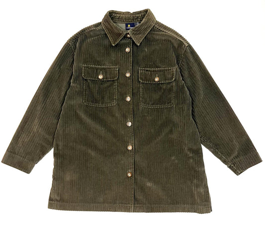 Vintage 1990s Oversized Lizsport Dark Khaki Green Corduroy Button Down Shacket - Medium