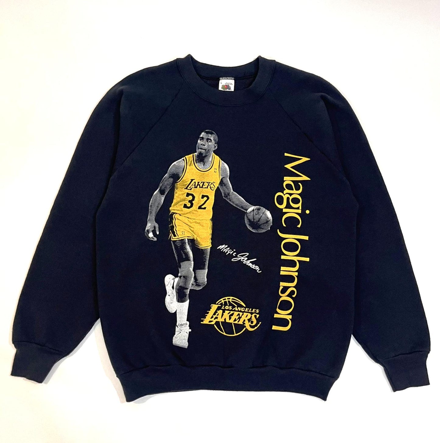 Vintage 1980s 1990s Black and Yellow Magic Johnson Lakers Black Crewneck Sweatshirt - Large